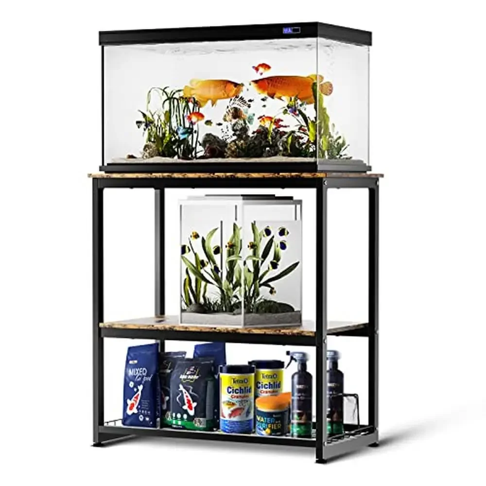 

Three Tier Fish Tank Stand Ironwood Vintage Aquarium 10/20 Gallon Storage Basket Rust Resistant Easy Assemble 800 lbs Stand