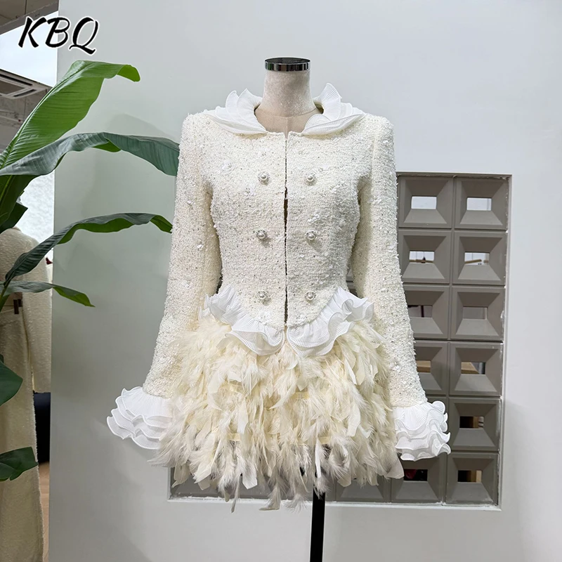 

KBQ Elegant Two Piece Sets for Women Laple Long Sleeve Embroidered Bead Double Breasted Top Feather Short Skirt Chic Set Female