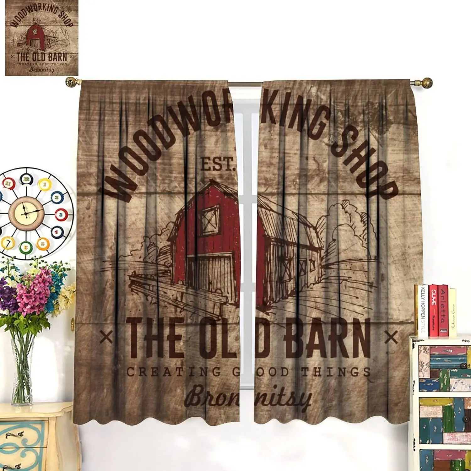 Rustic Farm Window Curtains,Retro Windmill Old Style Farmhouse House Tree Sawyer Mill Primitive Vintage Western Farm Country