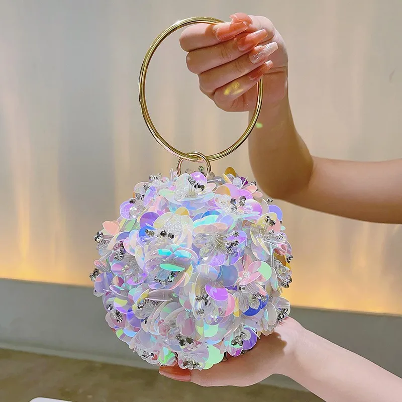 

2025 Luxury High End Colorful Pearl Sequin 3D Flower Ball Evening Clutch Bag Women Wedding Round Handbag Banquet Crossbody Bag
