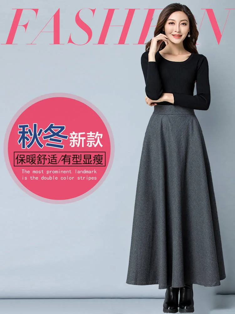 Autumn Winter Black Gray Large Size Woolen Long Skirt Women Fashion Korean Ladies Red High Waist Festival Pleated A-line Skirts