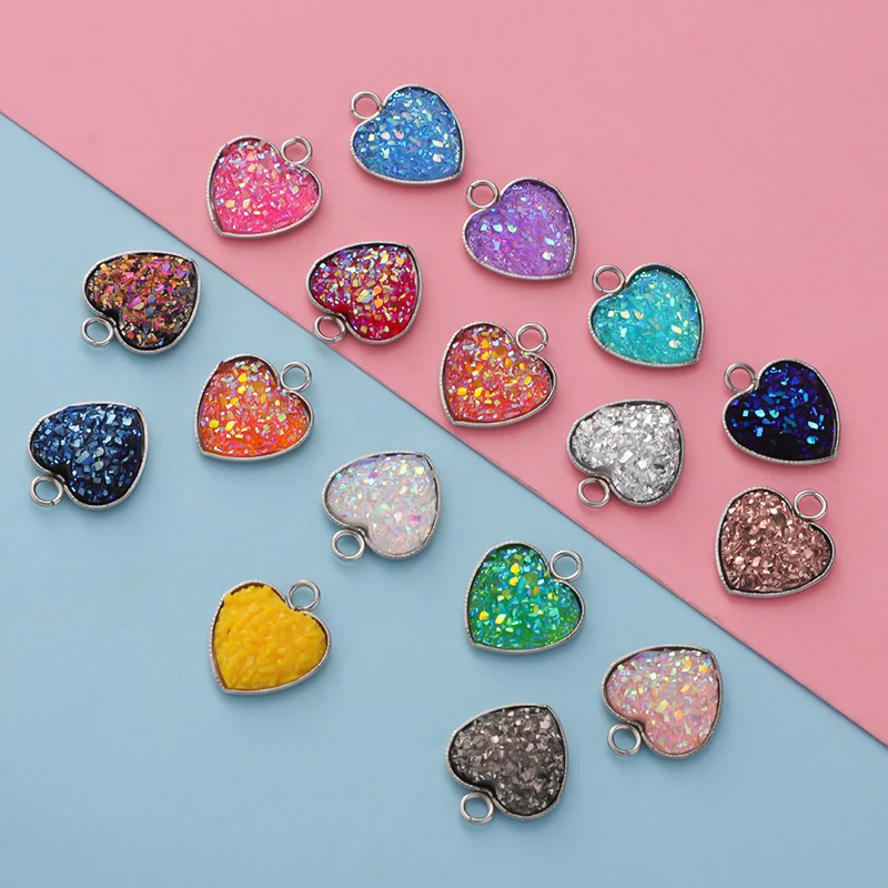Fnixtar 30Pcs/Lot 14mm Love Heart Stainless Steel Glitter Faux Druzy Resin Charm Pendant Colorful Drusy Charm DIY Jewelry