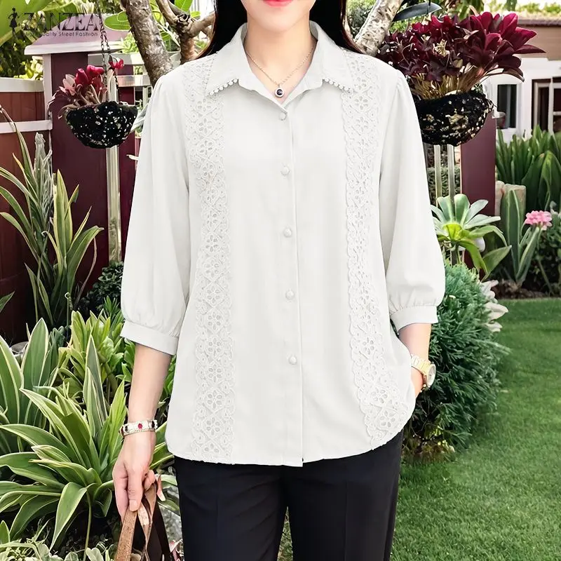 

Летняя элегантная рубашка ZANZEA, стильная женская блузка с рукавами 3/4, кружевная блузка в стиле пэчворк, элегантная блузка с воротником-лацканом, рабочие топы в стиле OL, повседневные праздничные блузки