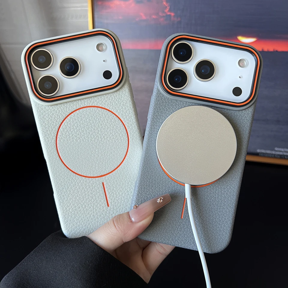 Funda de cuero con textura de lichi para Magsafe, compatible con iPhone 17, 16, 15, 14, 13, 12, 11 Pro, Max, Air, Plus, magnética y resistente a golpes 3