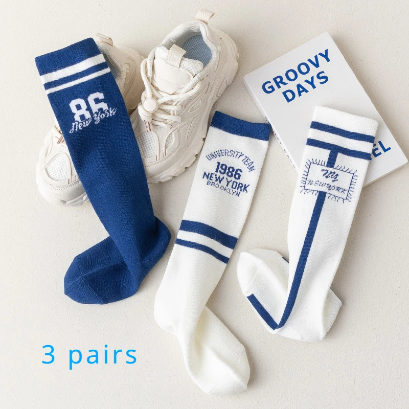 Three Pairs of Four Seasons Children's Trend Letter Striped Sports Fashion Comfortable Breathable Stockings for Boys and Girls