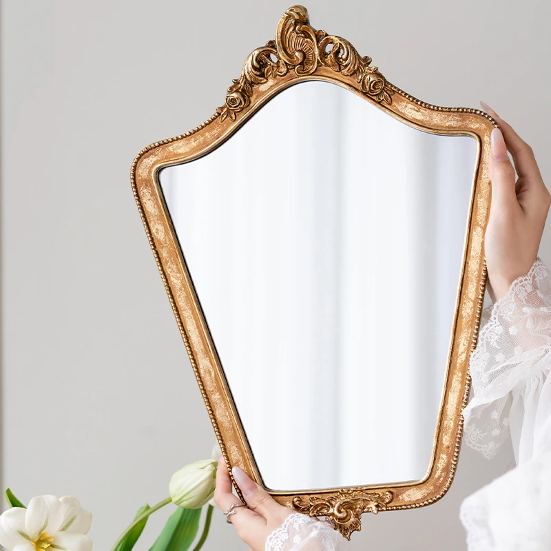 Baroque Gold Vanity Mirror Antique Resin Wall Art with Floral Carving Luxury Dressing Table Decor for Bedroom Vintage Mirrors
