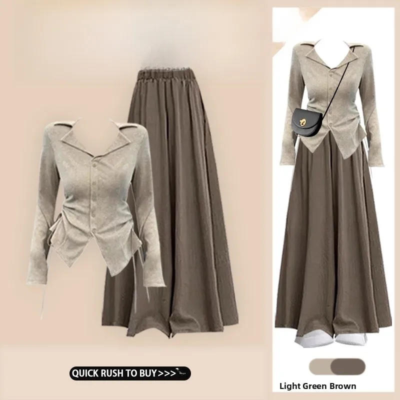 

Весенний новый облегающий вязаный топ с высокой талией и эффектным дизайном, комплект из двух предметов, модный женский ансамбль больших размеров