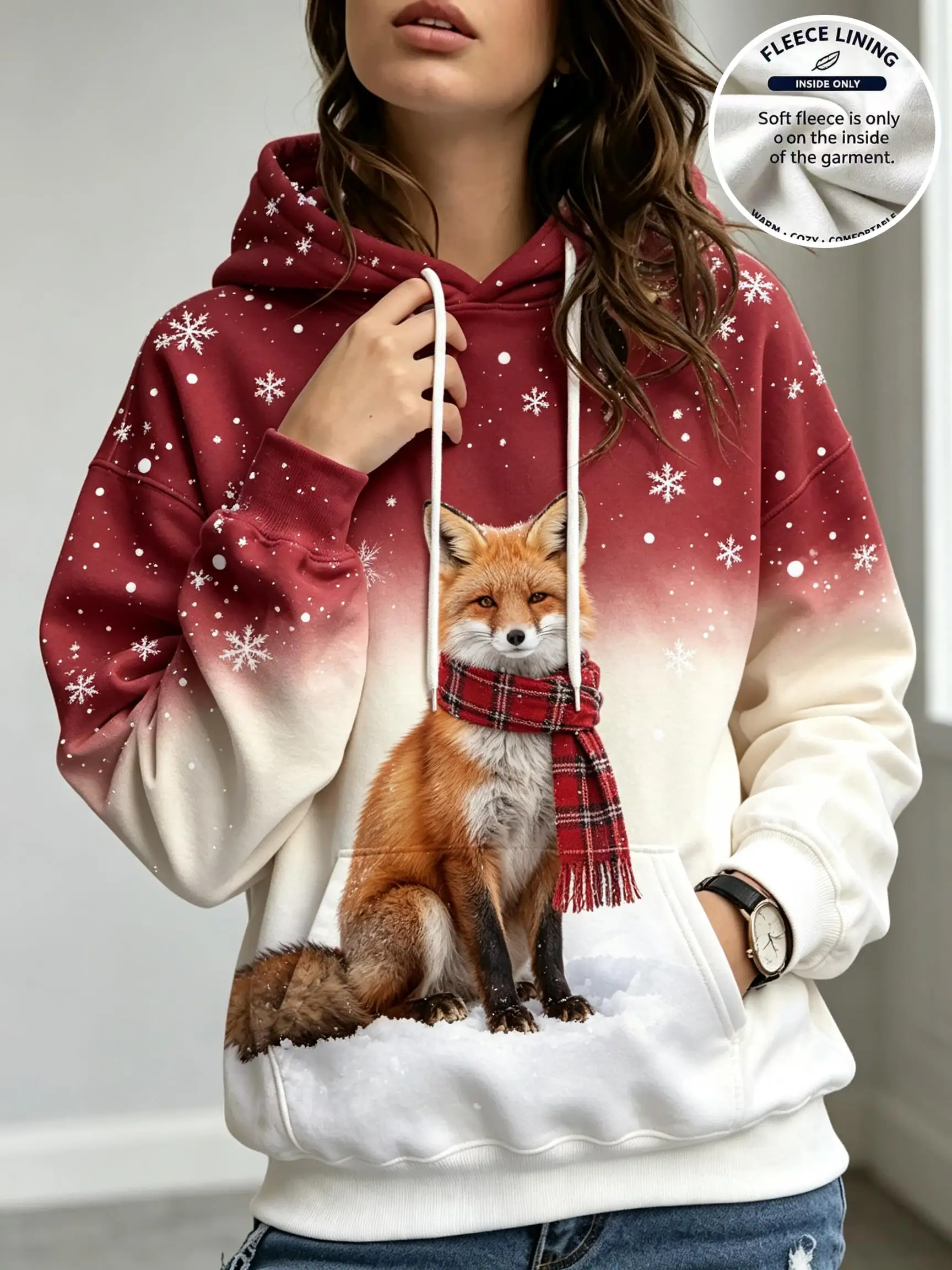 Women Christmas Cute Fox with Plaid Scarf Snowflake Gradient Fleece Hoodie Red Beige Pocket Sweatshirt