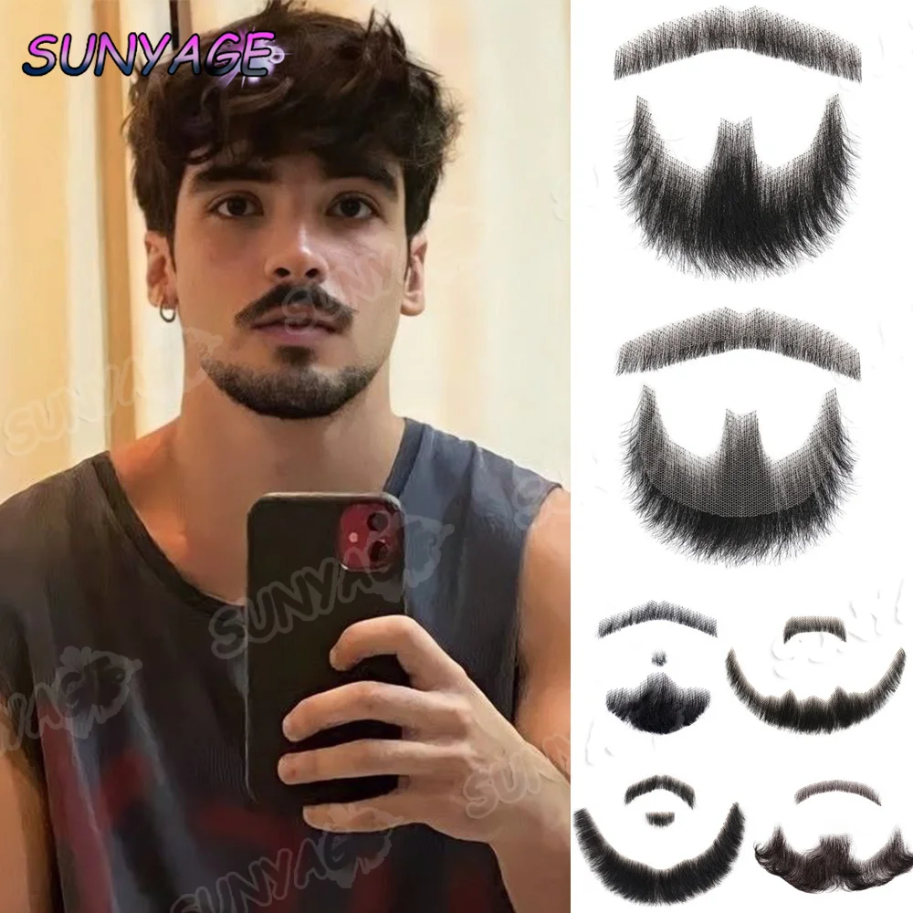 

Black Fake Face Beard Mustache For Men Natural Human Hair Invisible Swiss Lace Brown Straight Thick Facial False Beard Makeup