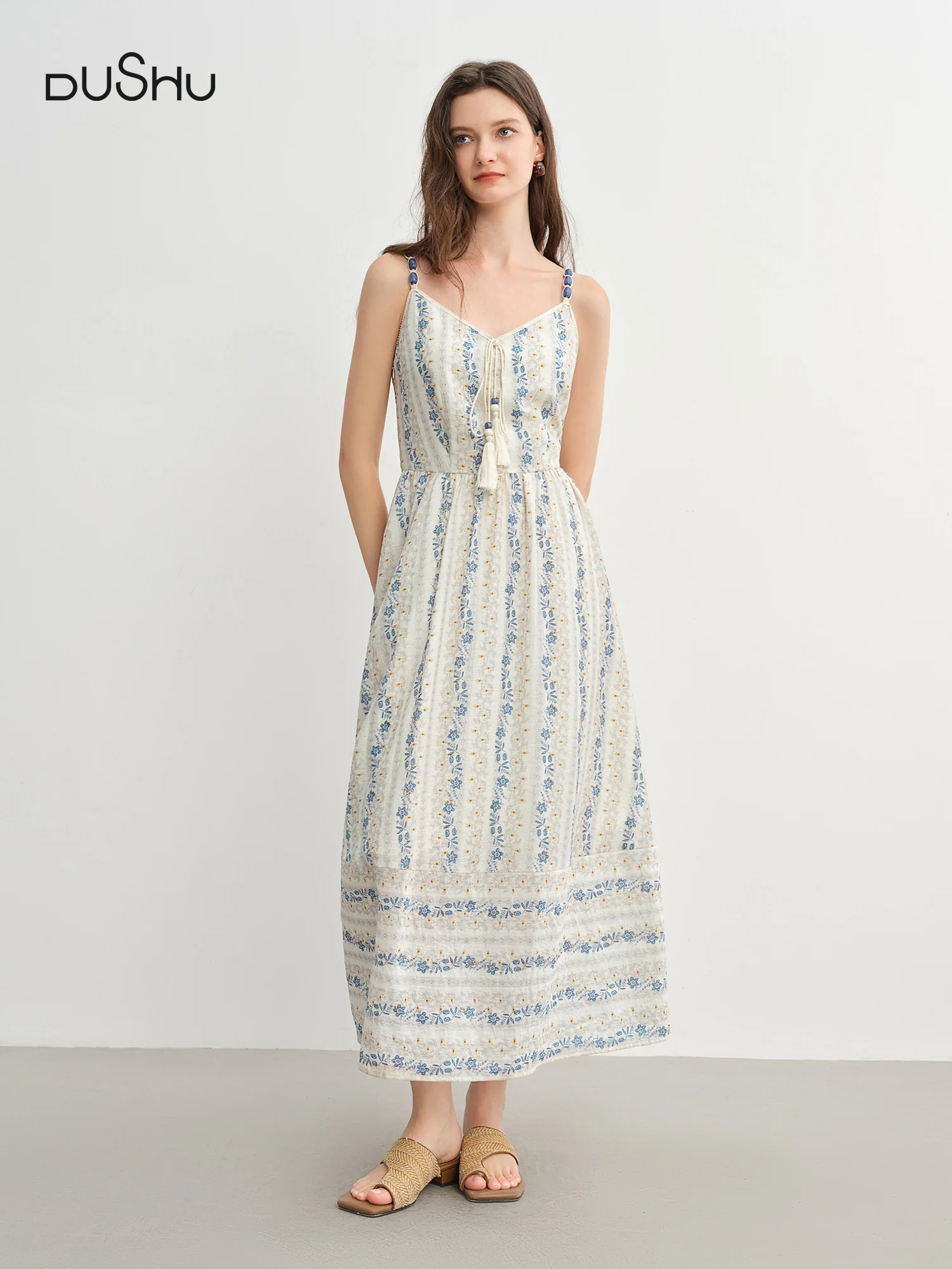 

​DUSHU Summer 2025 Textured Bead Sundress - Fluid Tassel Adjustable Tie Resort to Office Casual Fresh Style​