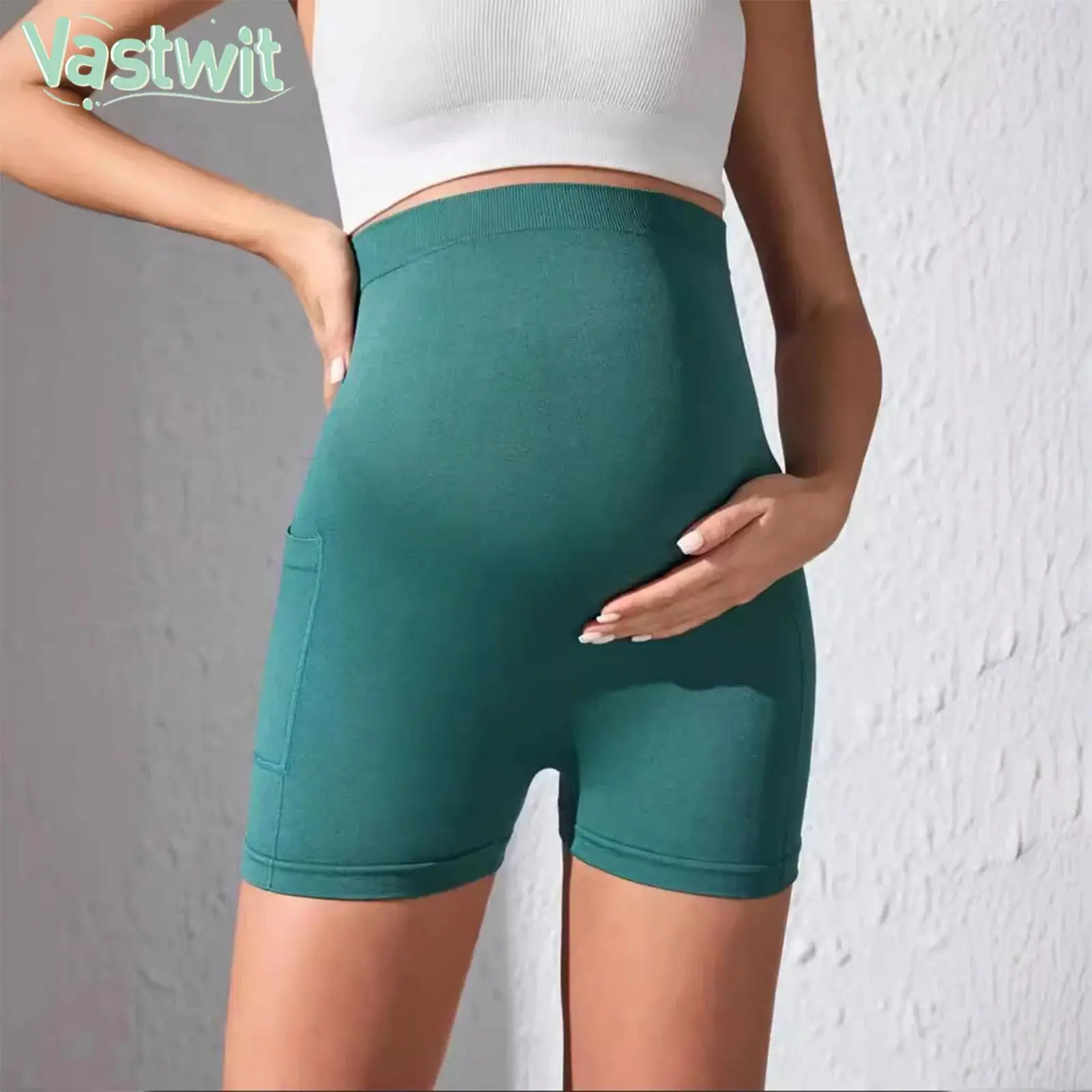 

Pregnant Woman High Waist Yoga Shorts Over The Belly Seamless Pregnancy Shorts with Pockets for Pilates Workout Sports Biking