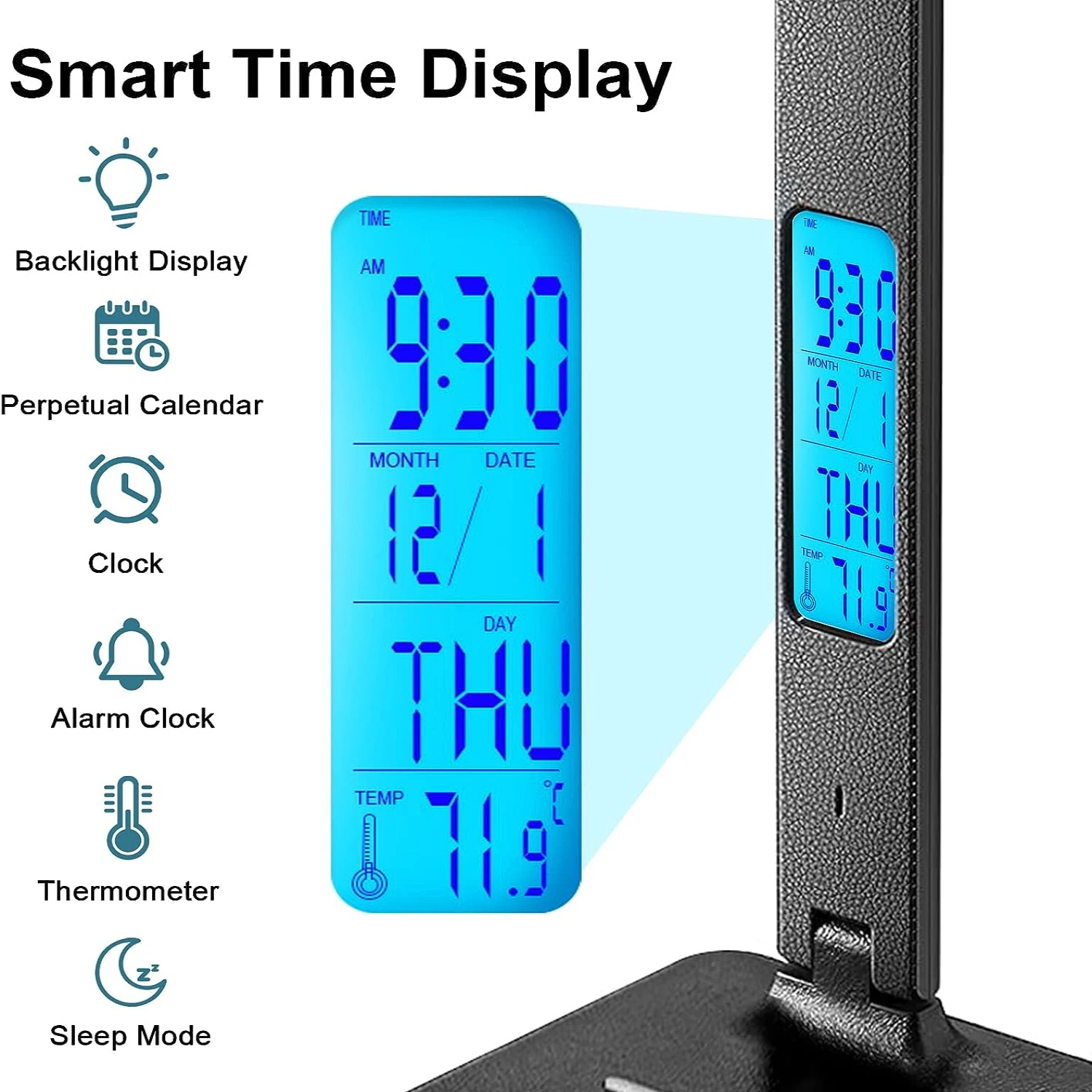 Lámpara LED de escritorio moderna con carga inalámbrica para el cuidado de los ojos, reloj despertador, calendario y pantalla de temperatura, brillo ajustable, nuevo