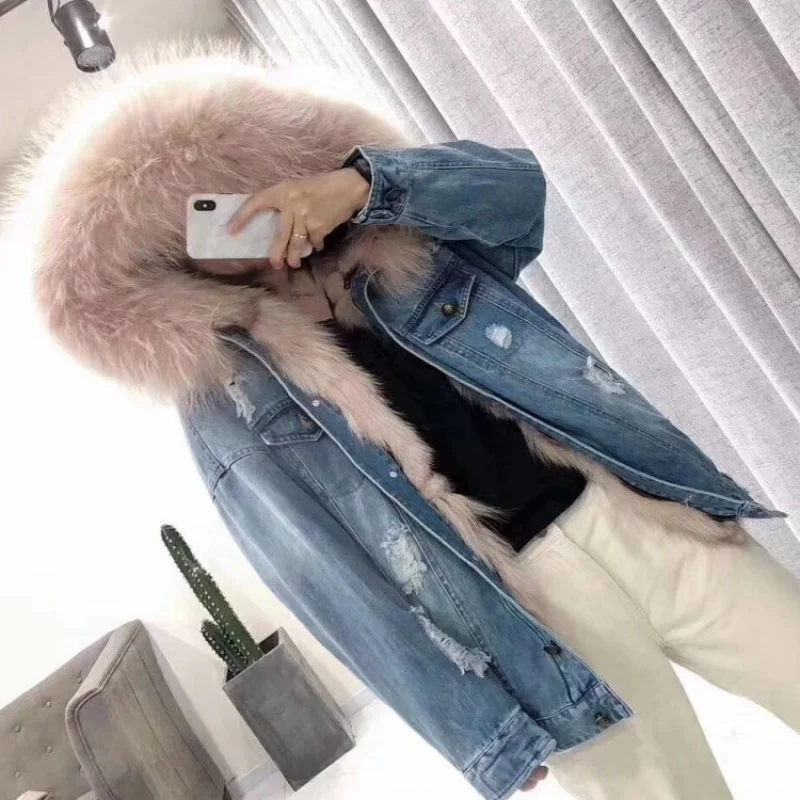 Parka Women\'s Mid-Length Denim Shell Fox Liner Fur Coat for Women100%Genuine fur street cowboy