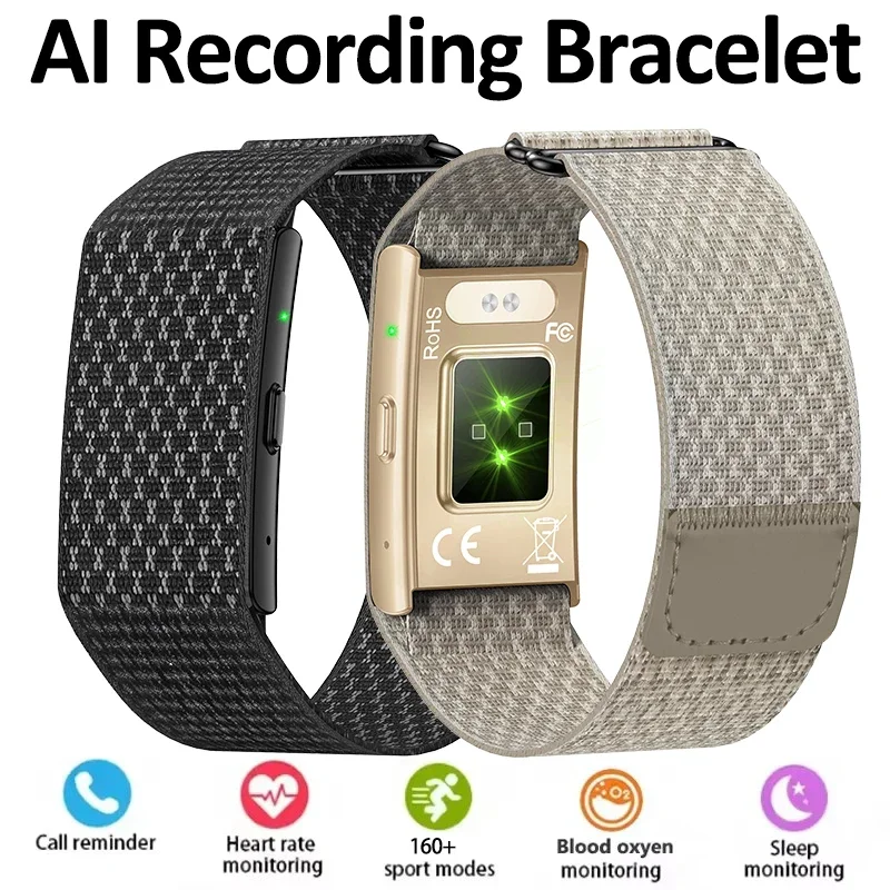 AI Voice Recording Bracelet 1GB OneClick Recorder AI Meeting Transcription Heart Rate Sleep Monitoring Waterproof Smart Bracelet