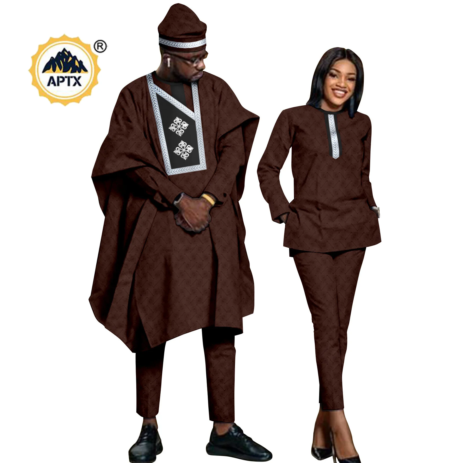 

African Traditional Wear Men Agbada Formal Attire Bazin Riche Outfits Men Robe Sets with Cap Matching Women Clothes Y22C062