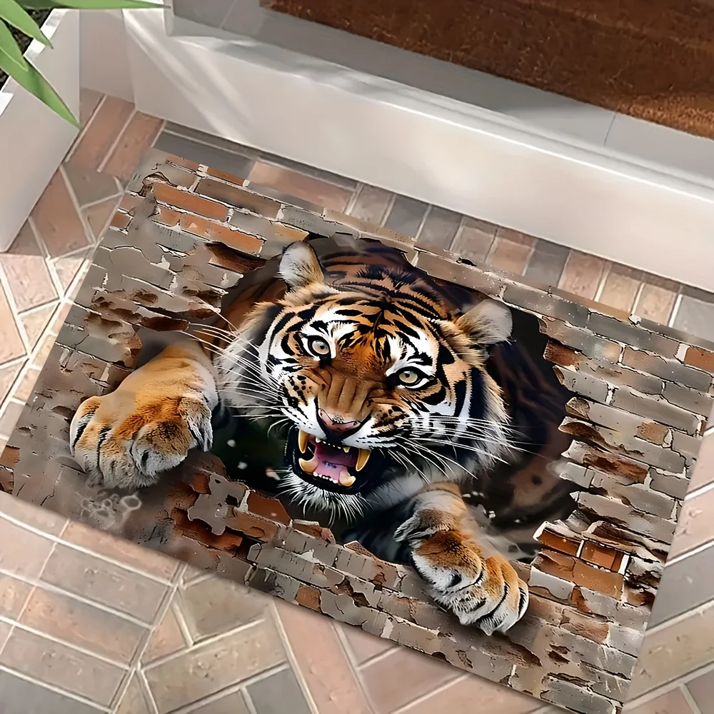 Tiger breaking through the wall Flannel-printed floor mats has non-slip function is suitable entrances bathroom welcome carpets