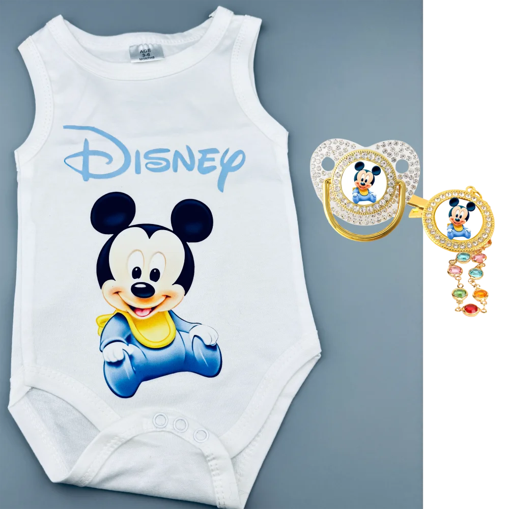 

Newborn feeding pacifier cute cartoon print crawling suit baby pacifier with diamond chain clip baby feeding gift set newborn