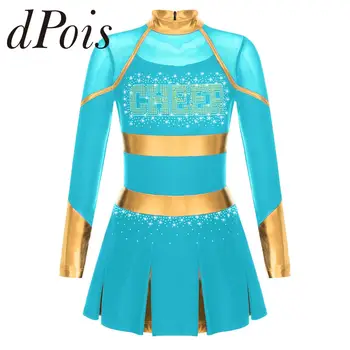 Kinder Mädchen jubeln Tanz kostüm Teenager glitzernde Strass steine Cheerleading Uniformen Metallic Patchwork Langarm Cheerleader Kleid