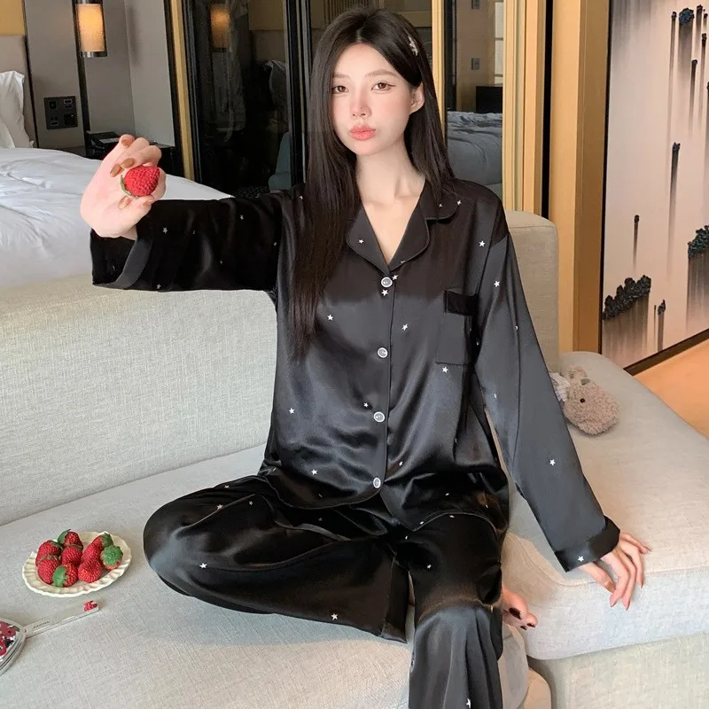 Japanese-Style Cute Girl Star Print Ice Silk Nightwear Women's Spring and Autumn Long-Sleeved Long Pants Homewear Actual Photo