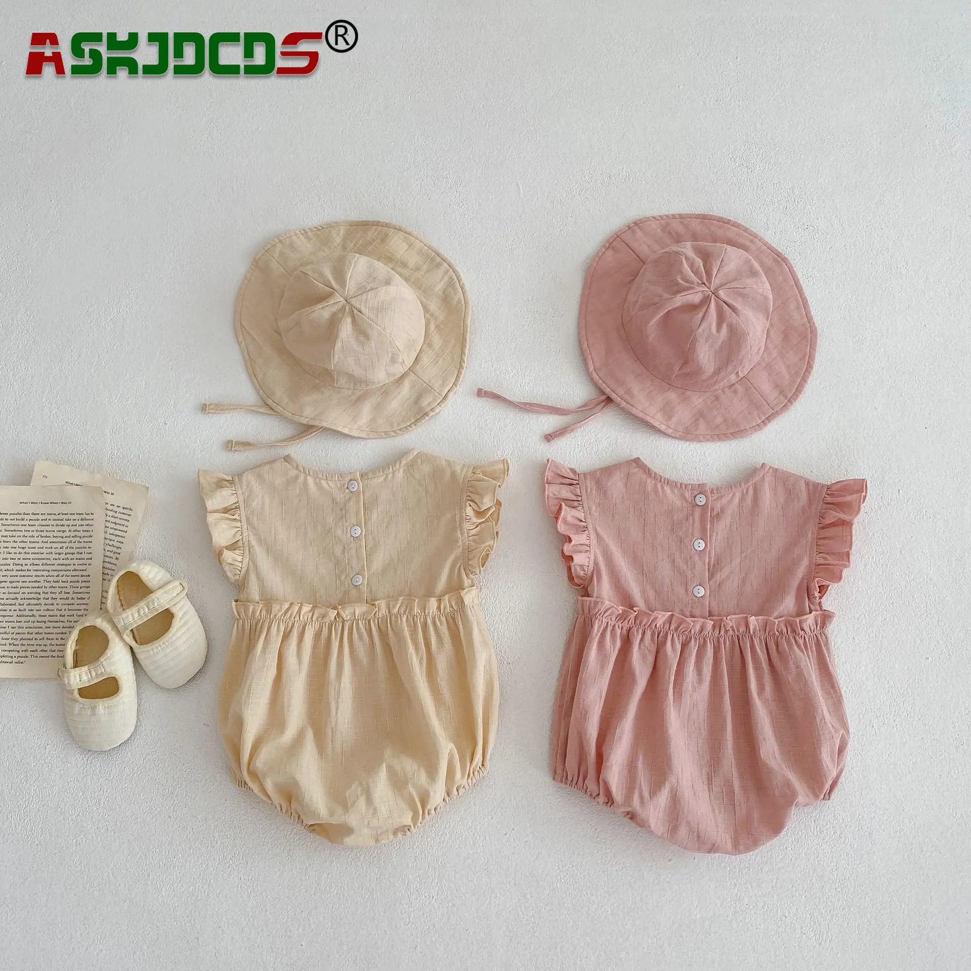 

New Summer Suit for Toddlers 0-24M Infant Baby Girls 2Pcs Set: Flutter Sleeve Bodysuit+Sun Hat in Solid Color Triangle Climbing