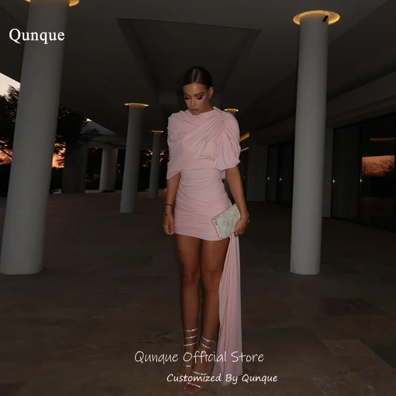 

Qunque Pink Satin Asymmetric Draped Prom Dresses Above Knee Vestido Festalong Trailing Side Sash Homecoming Dress Customized