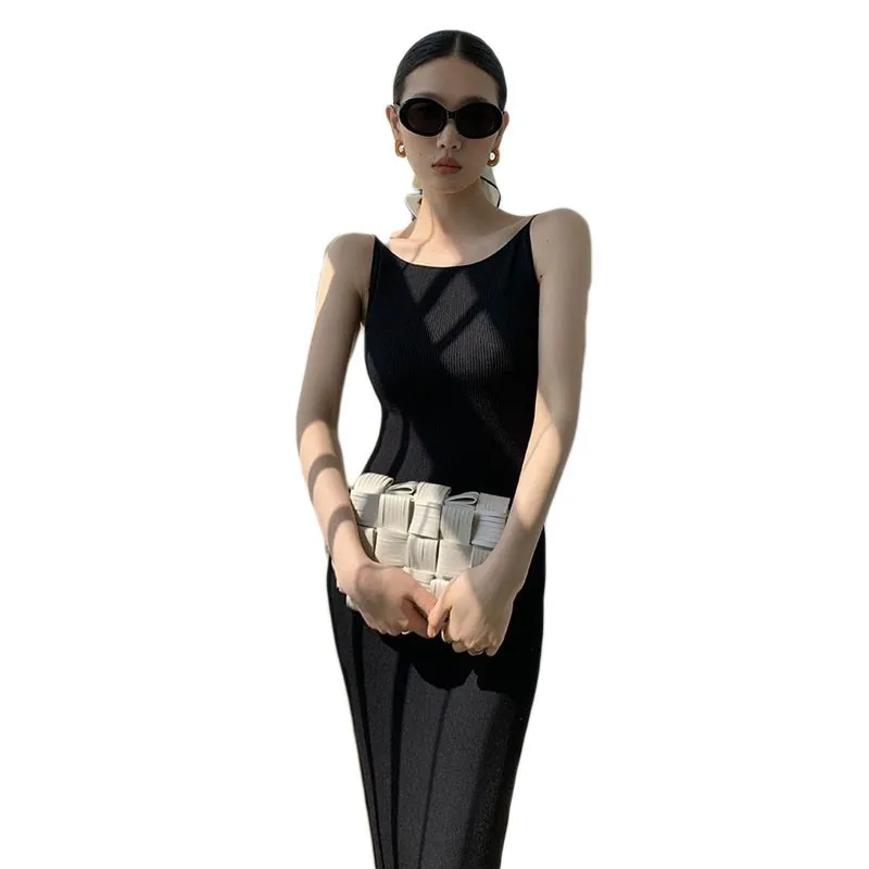 2025 Summer French Minimalist Design Knitted Strap One Piece Collar Sleeveless vestido High End Bright Color Tank Top Long Dress