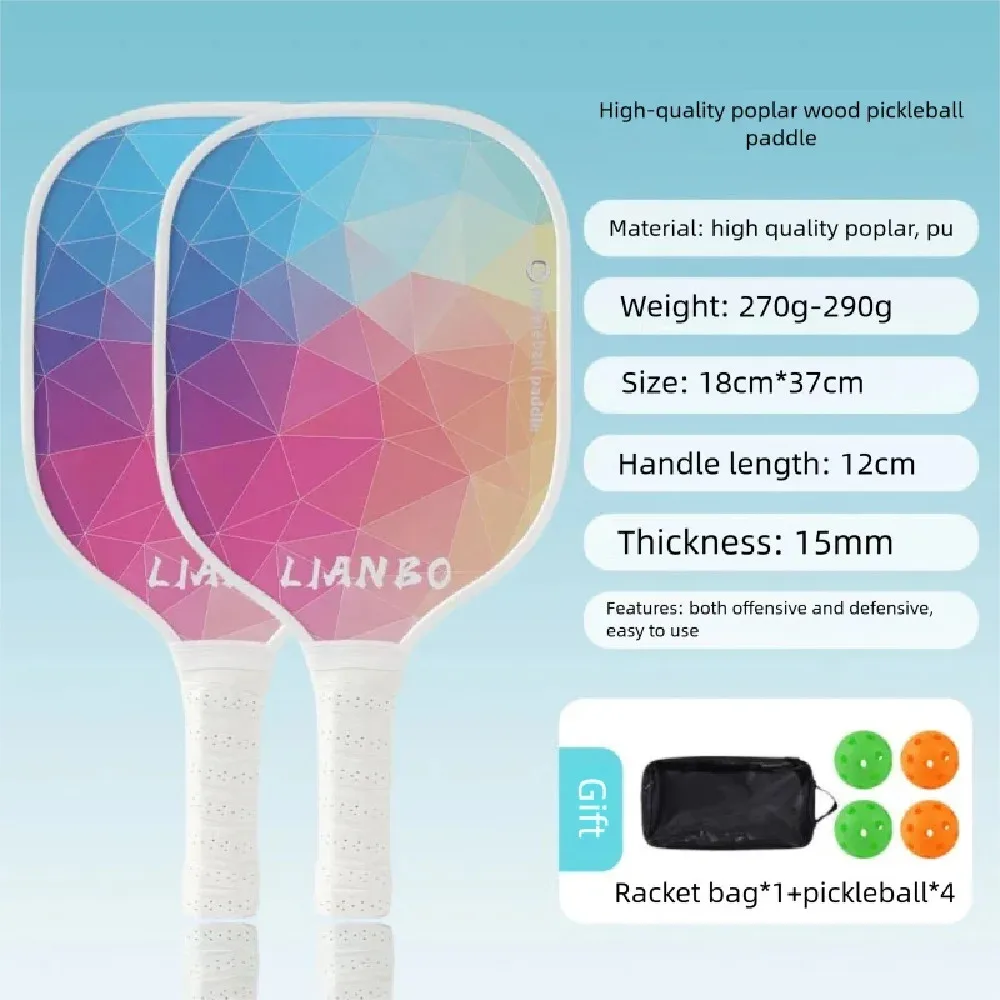 Pickleball Paddle Set of 2 Lightweight 280g 15mm Thick Wooden Rackets with 4 Balls School Course Training Sports Racquet Kit