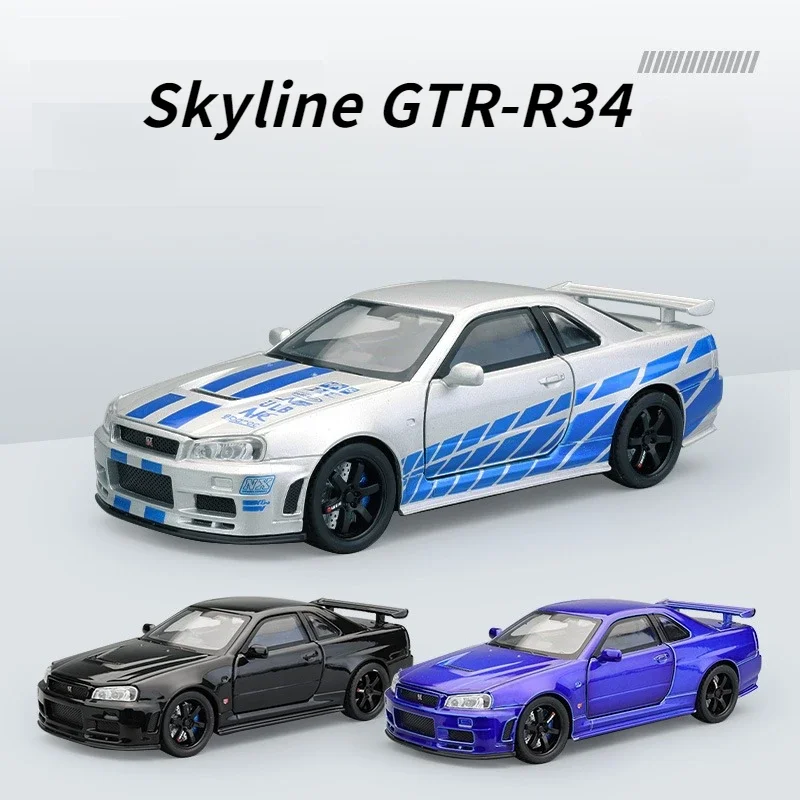 

Модель автомобиля в масштабе 1:32 Nissan Skyline GTR R34 из сплава, литый под давлением металлический автомобиль со звуком и искусственными звездами, коллекционная детская игрушка, подарки