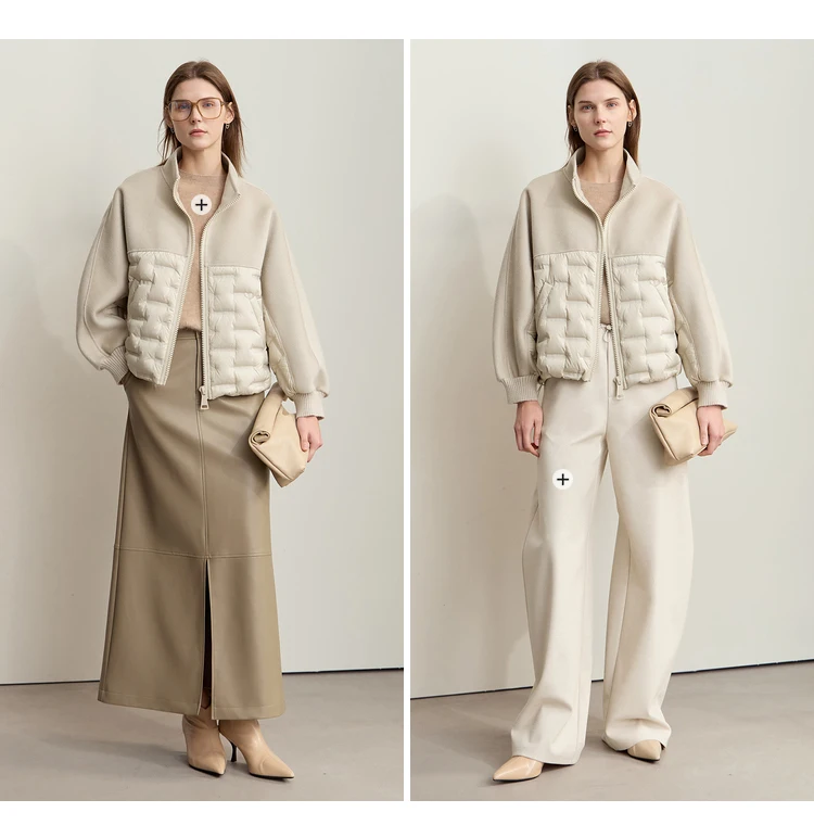 AMII Down Coats 100% Wool Stand Collar Loose Spliced Jackets for Woman 2024 Winter Warm New Casual Versatile Jacket 12454007