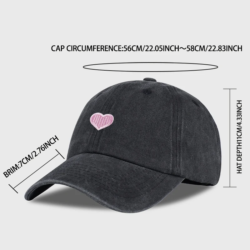 Pink Heart Embroidered Vintage Washed Baseball Cap: Casual, Street-Style, Adjustable, Unisex, Perfect for Camping and Vacations