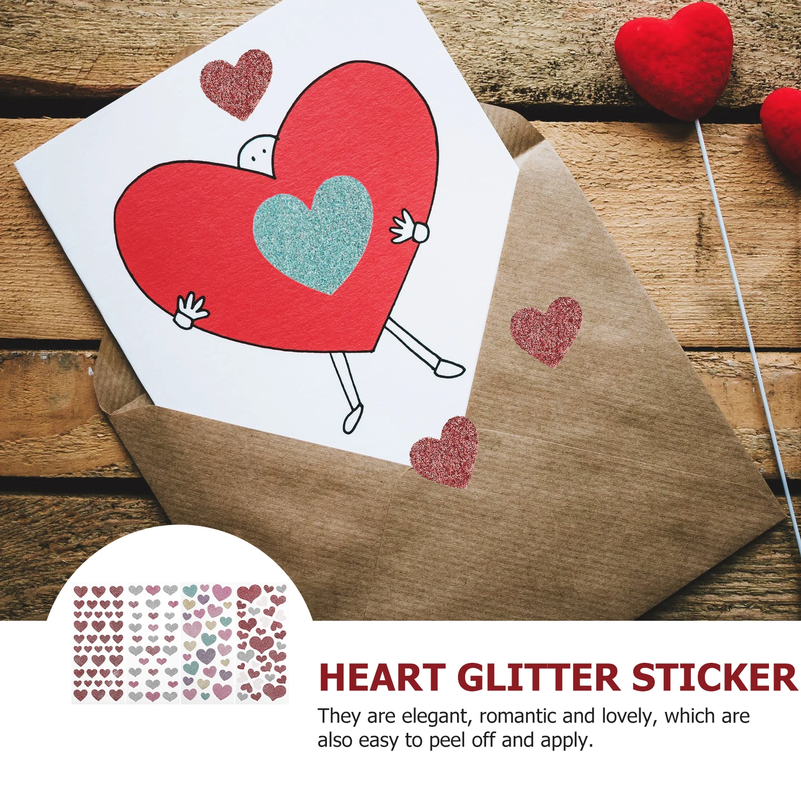

4 Sheets Heart-Shaped Glitter Romantic Self-Adhesive Wall Stickers Valentines Day Scrapbook Decor Gift DIY Sealing Stickers