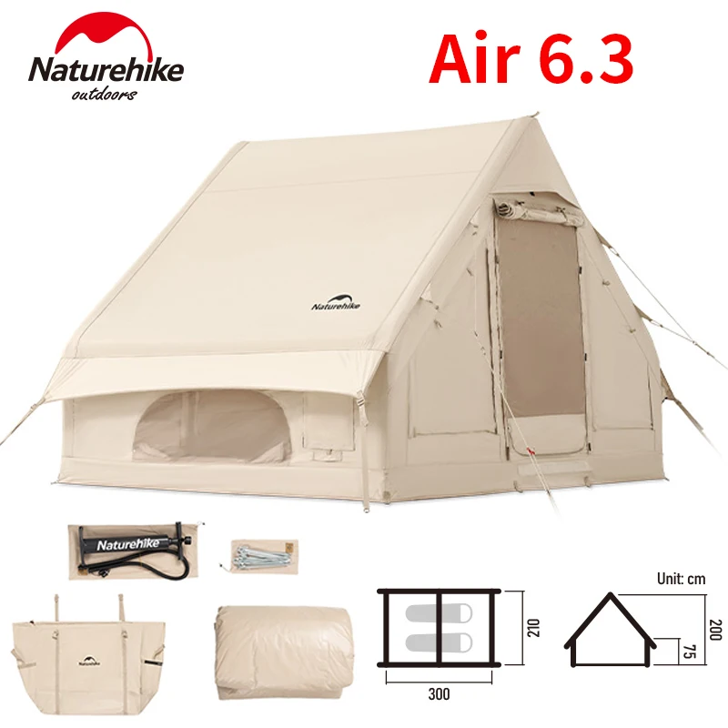 Naturehike 6.3 Inflatable Cotton Tent Upgraded 3-4 Persons Outdoor Travel Family Large Space House Tent with Air Pump Portable