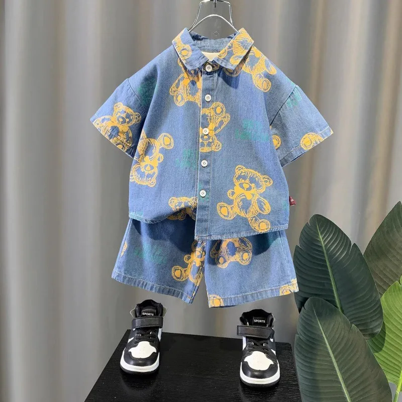 Children Cowboy Suit Casual Clothes Summer Child Boy full print bear T Shirt Short 2Pcs/set Infant Kid Fashion Toddler Tracksuit