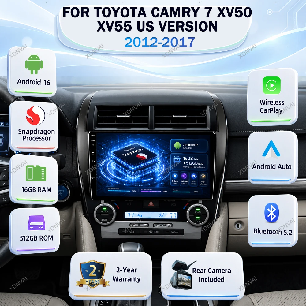 Android 16 Video Player For Toyota Camry 7 XV50 XV55 US Version 2012-2017 Car Radio Multimedia Qualcomm RDS Carplay Navigation