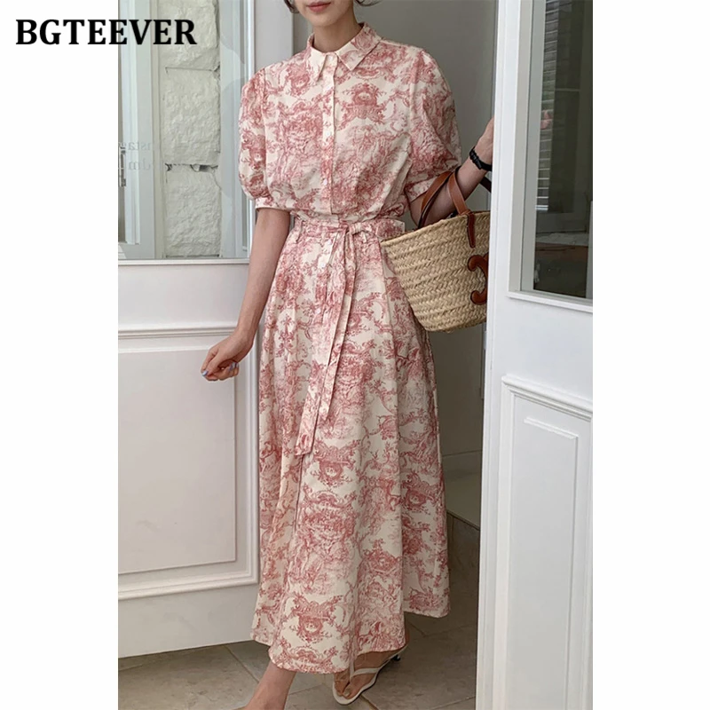 BGTEEVER Vintage Short Sleeve Female A-line Floral Dress Casual Slim Waist Lace-up Pockets Female Single-breasted Midi Dress