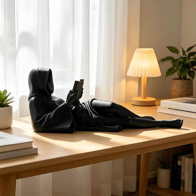 Statue de lecteur abstrait sans visage à capuche, sculpture de savant allongé en résine, ornement moderne minimaliste pour étagère et table, décoration d'intérieur