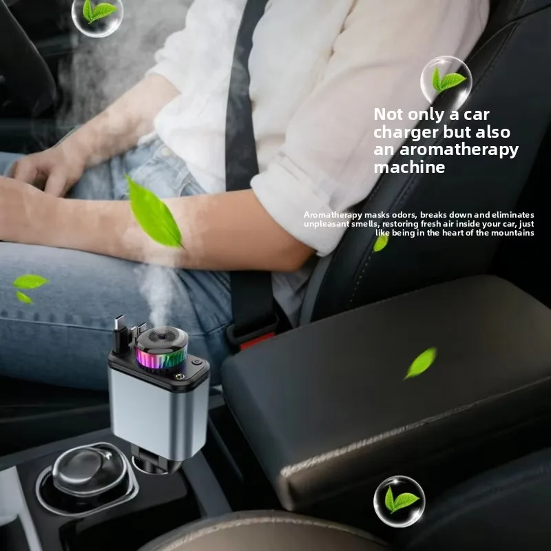 180W 5-in-1 Car Fast Charger Retractable Cable PD 30W Digital Voltmeter Star Light Car Charging Adapter For IOS Android