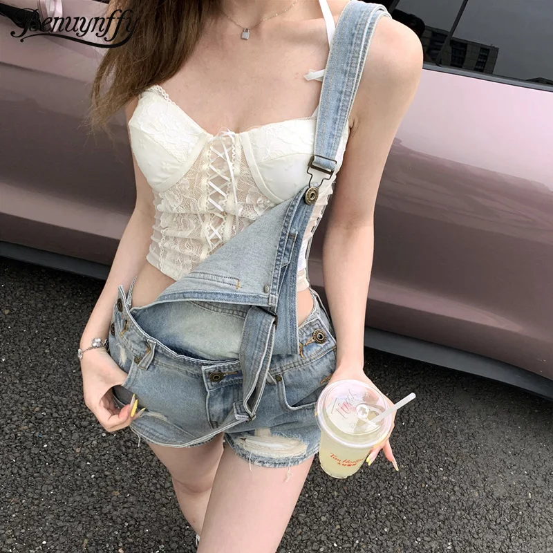 

Benuynffy Vintage Ripped Washed Denim Overalls For Women 2025 Summer Y2k Casual Sleeveless Jean Shorts Jumpsuit With Pockets