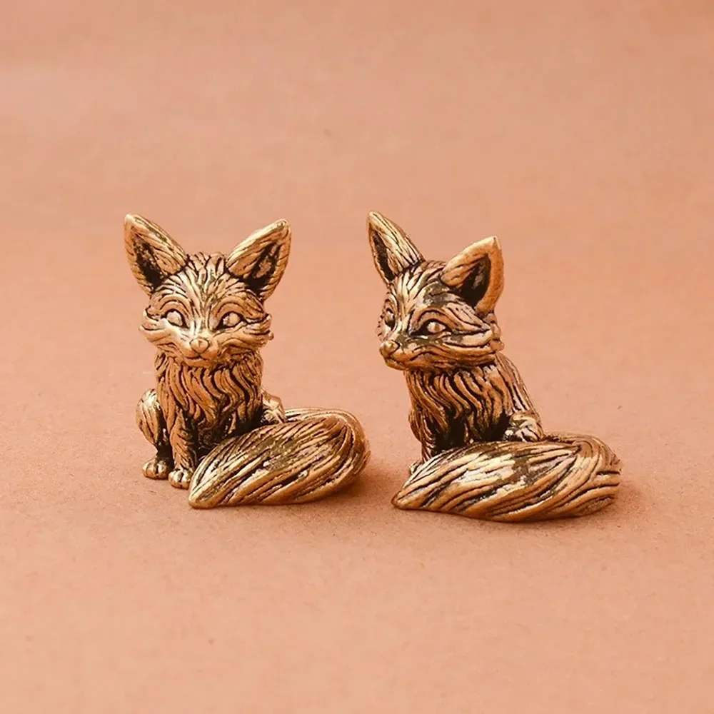 Brass Fox Statue Cute Fox Miniature Figurines Desk Ornament Decorations Accessories Copper Animal Sculpture Home Decor Crafts