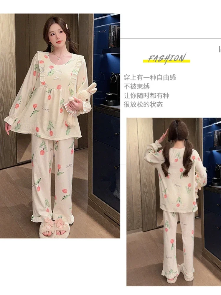 110kg Large Size 2PCS/Set Women Pajamas with Chest Pads Korean Spring Cloud Cotton Loose Homewear Can Be Worn Outside Loungewear