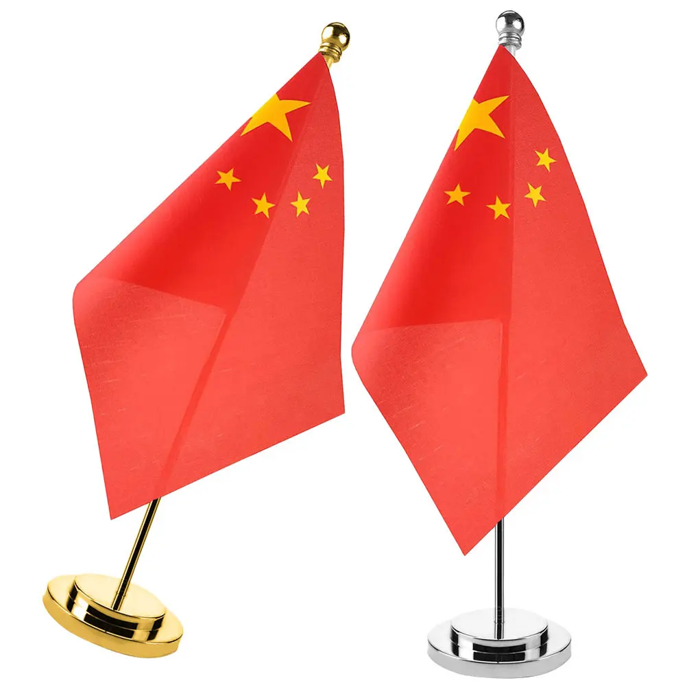 2Sets China Table Flag Bright Color Decorative Polyester Desktop Flag Metal Base Stable Stand Office School Home Decoration
