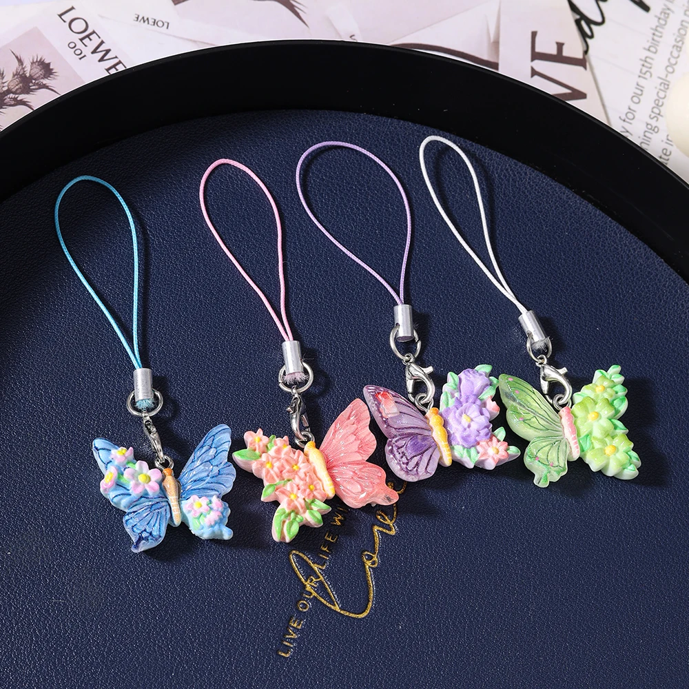 Aihua 4pcs/set Sweet Lovely Colorful Buttefly Phone Chain Hanging Phone Strap Handmade Mobile Lanyard Keychain Jewelry Gifts