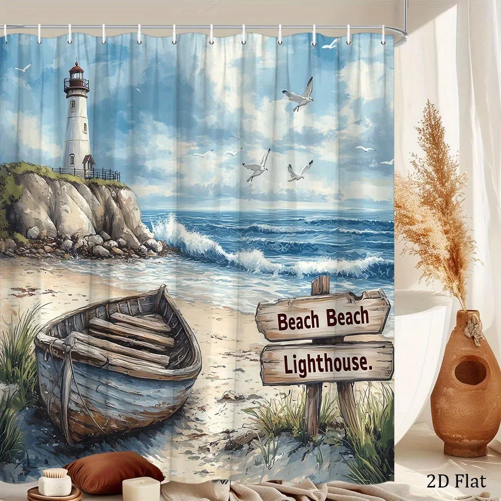 Nautical Beach Lighthouse Coastal Ocean Scene Shower Curtain Waterproof Bathroom Decor Nautical Style