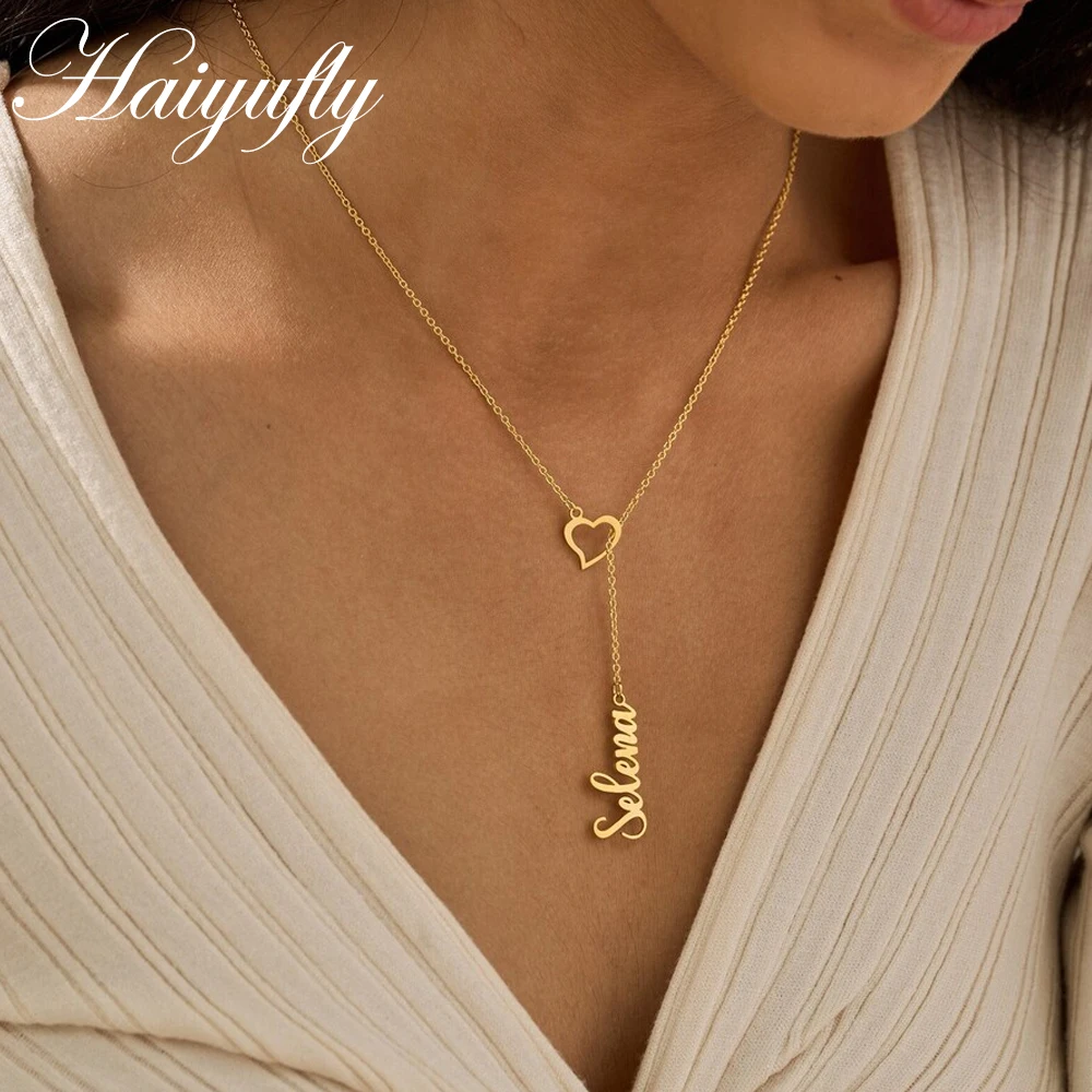 Haiyufly Personalized Custom Name Necklace for Women Open Heart Lariat Pendant Stainless Steel Chain Jewelry Valentines Day Gift