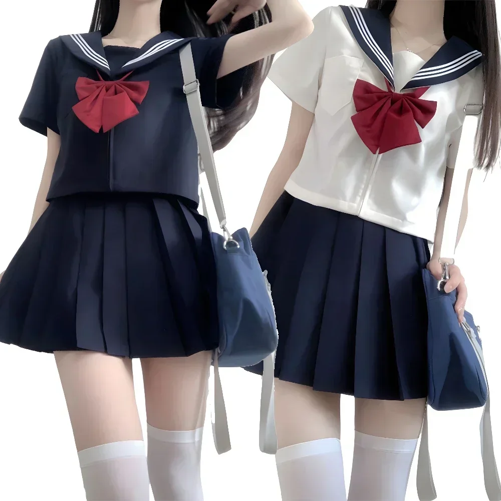 Uniforme scolaire japonais pour filles JK trempée, haut blanc et bleu marine rouge, trois uniformes de marin de base, ensemble jupe plissée pour femmes