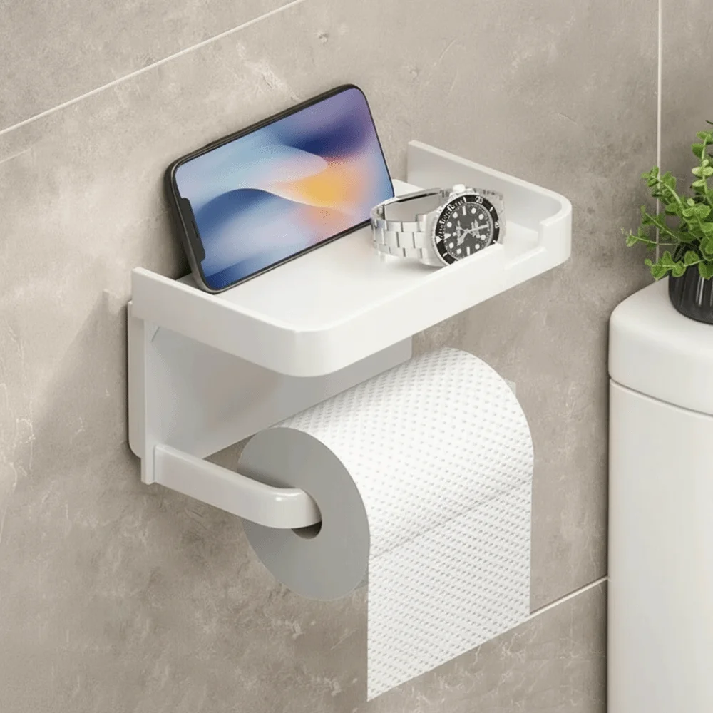 Plastic Toilet Paper Holder Wall Mounted With Shelf Tissue Holder No Drilling Toilet Paper Storage Box Bathroom Use