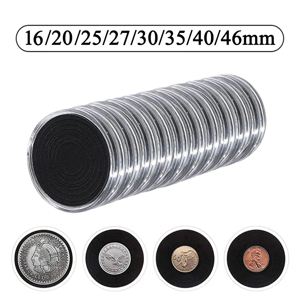 10Pcs 46mm Clear Coin Capsule Holder Storage Box Case with 16/20/25/27/30/35/40mm Black Gaskets for Medal Coin Collection