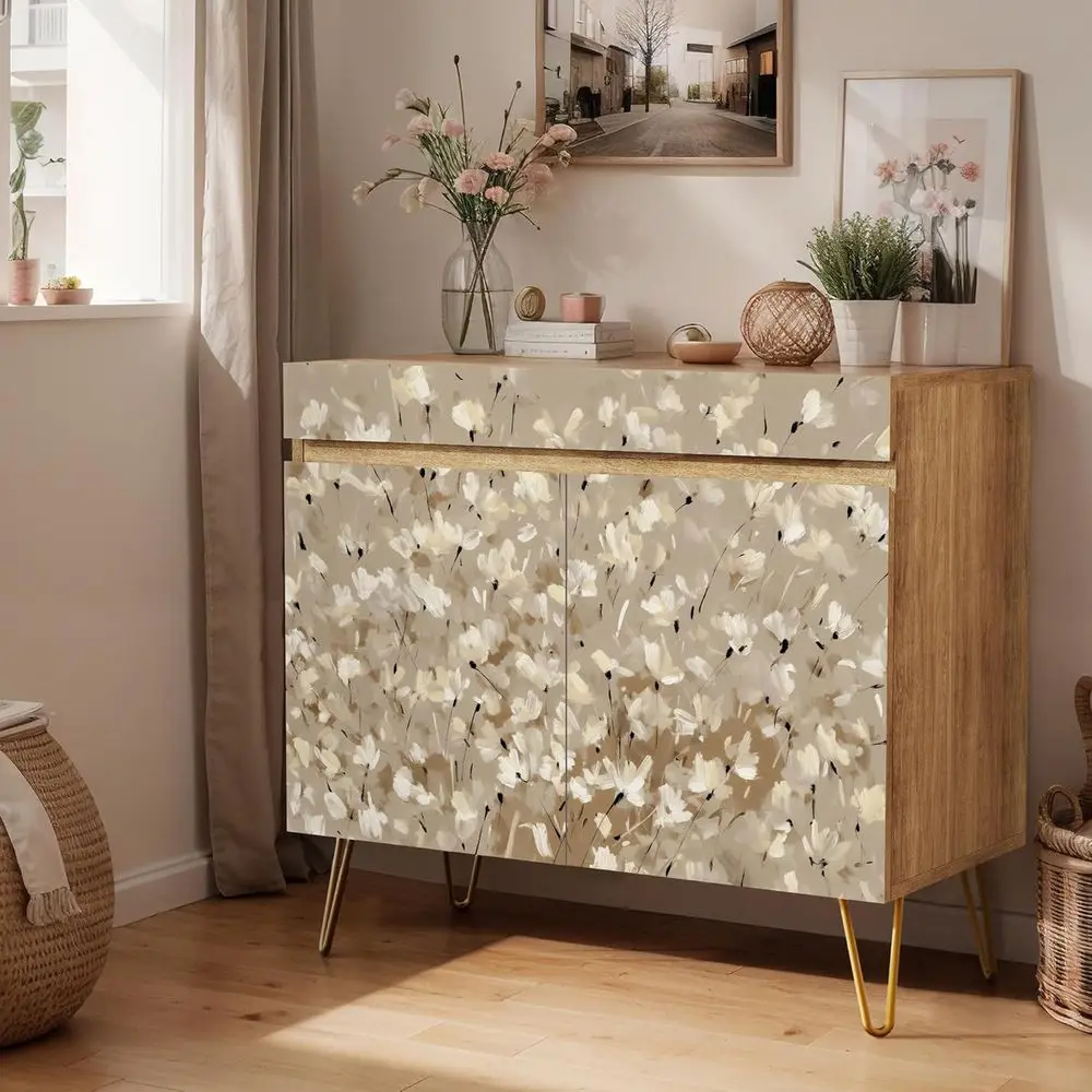 

White Blossom Accented Kitchen Sideboard Cabinet - 35L x 16W x 32H Storage for Dining