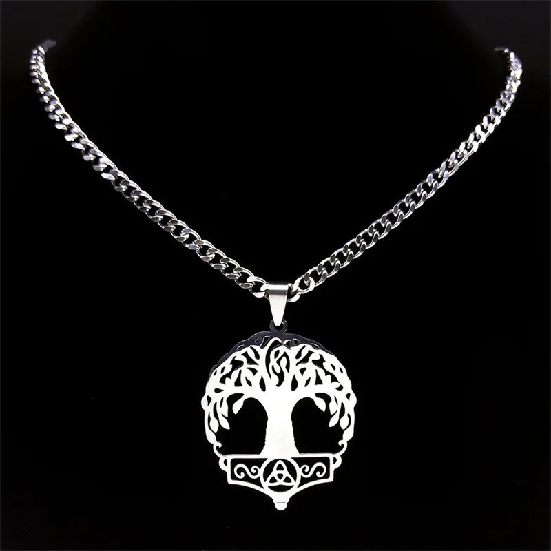 Tree of Life Celtic Knot Trinity Men's Necklace Stainless Steel Mjolnir Hammer of Thor Plant Pendant Necklaces Jewelry N8071S03