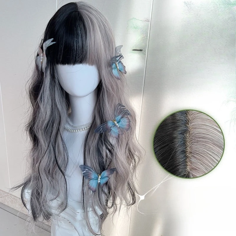 

Yin and yang head gradual change wig new highlight dye natural long curly hair Paris painting dye simulation hair wig full head